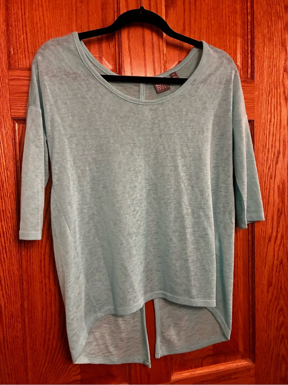 New York & Company Light Teal High-Low Short Sleeve Tee